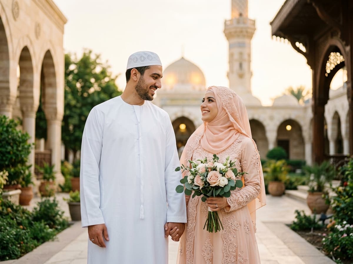 Muslim couple in wedding attire - HumNikah